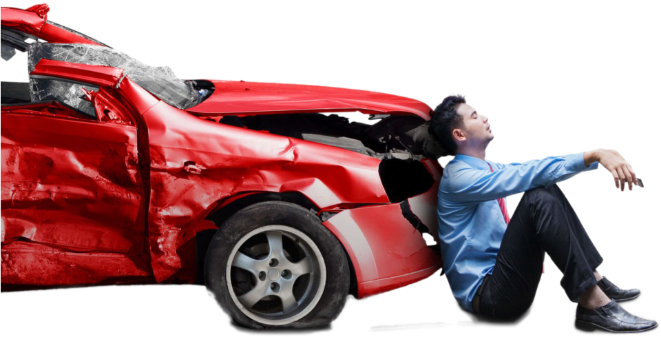 Man Sitting By Damaged Car After Accident PNG