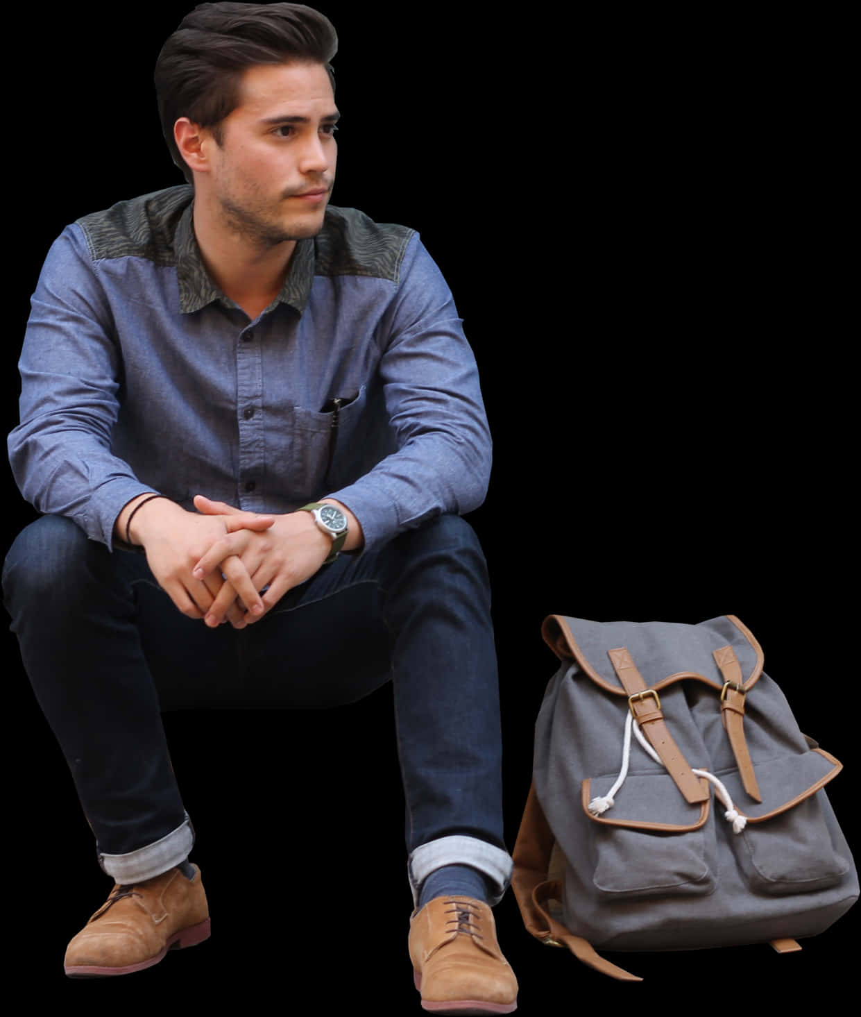 Man Sitting With Backpack PNG