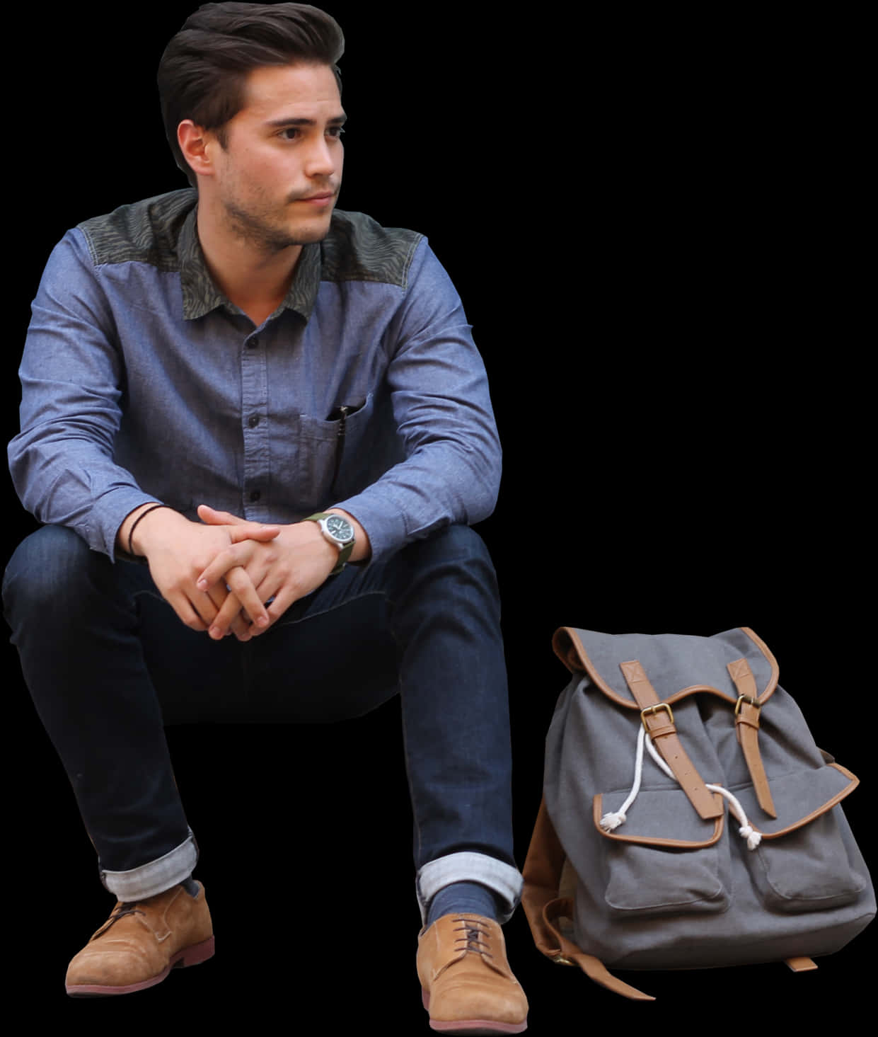 Download Man Sitting With Backpack | Wallpapers.com