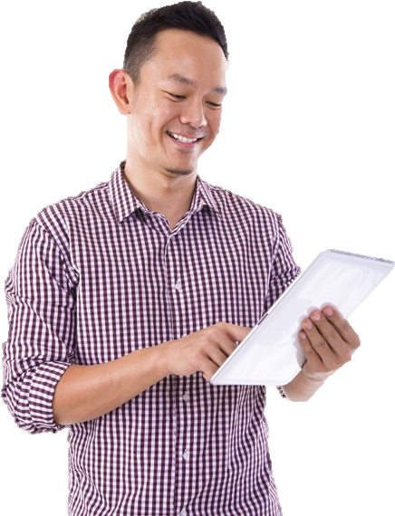 Man Smiling Using Whitei Pad PNG