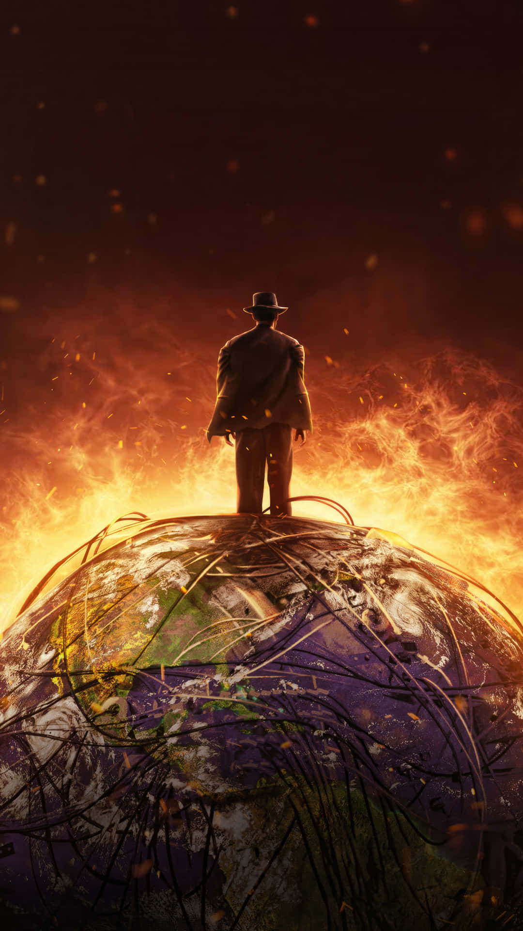 Man Standing Above Burning Globe Wallpaper