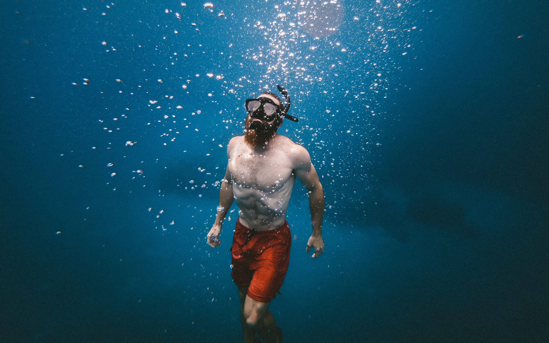 Mand Svømmer Opad Under Havet Wallpaper