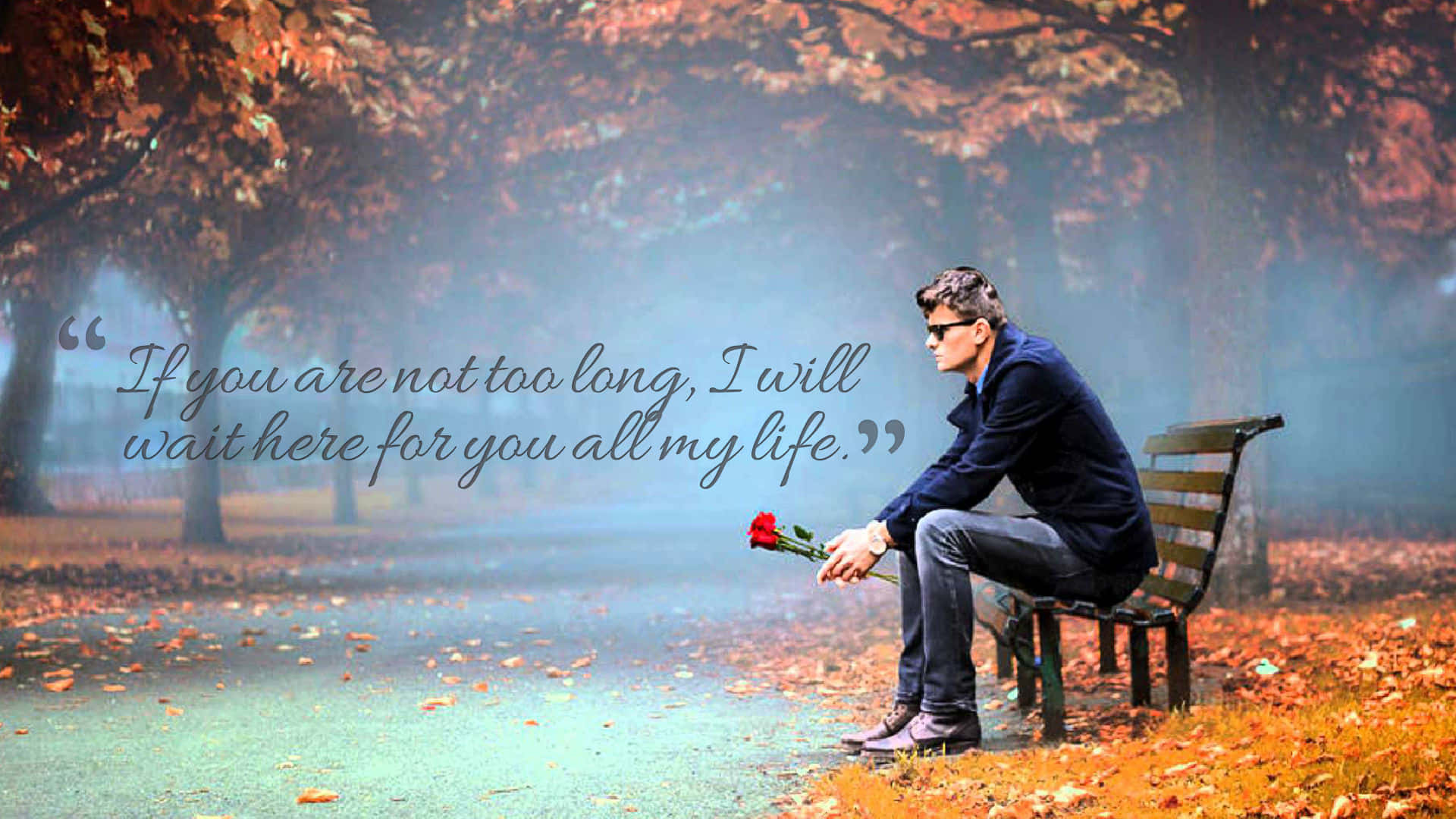 Man Waitingwith Red Rose Romantic Quote Wallpaper
