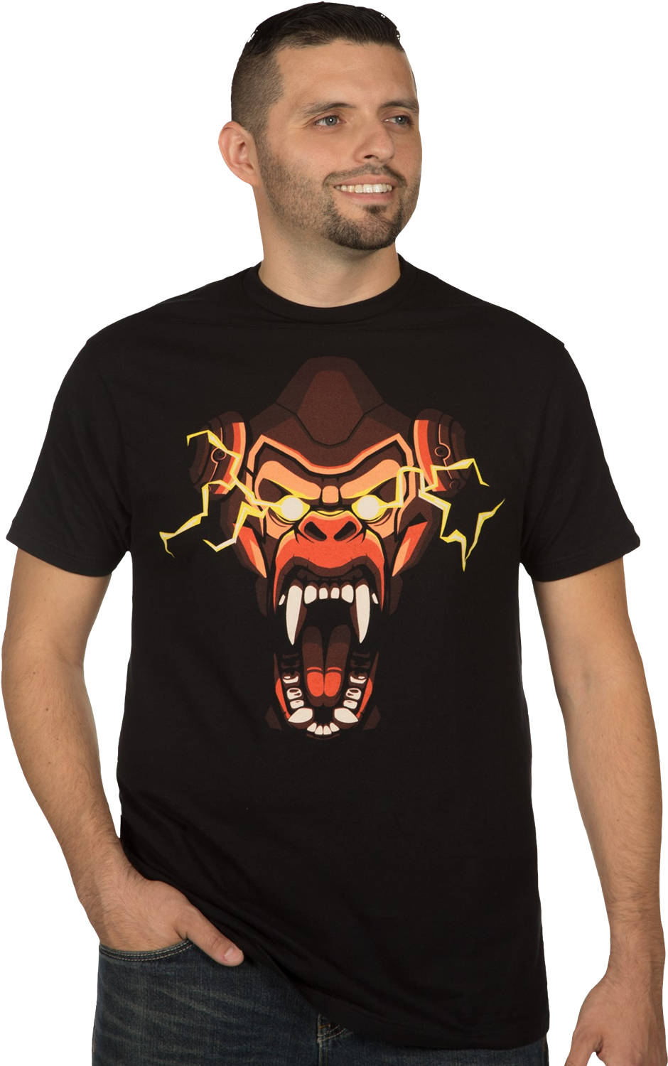 Man Wearing Fierce Monster Graphic Tee PNG