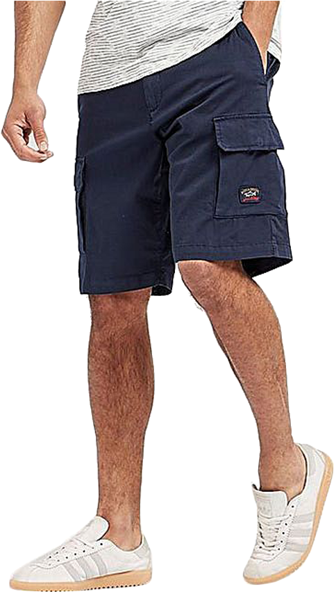 Man Wearing Navy Cargo Shorts PNG