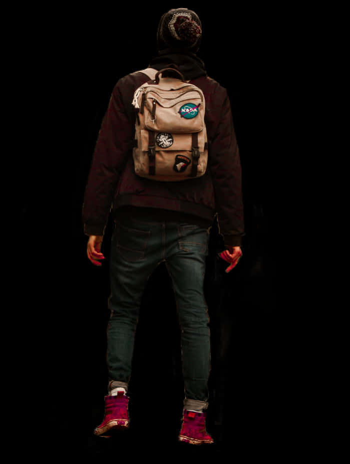 Man With Backpack Standing Against Black Background PNG