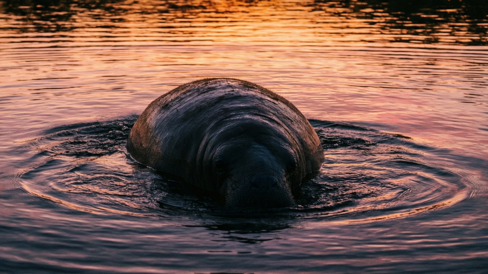 Manatee swimming in sunset-colored water with ripples around it — Manatees Picture