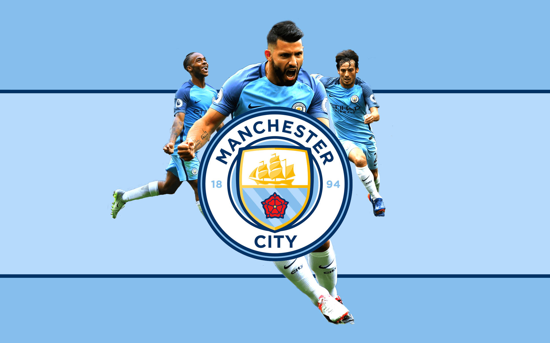 Manchester City 4k Players On Blue Flag Background