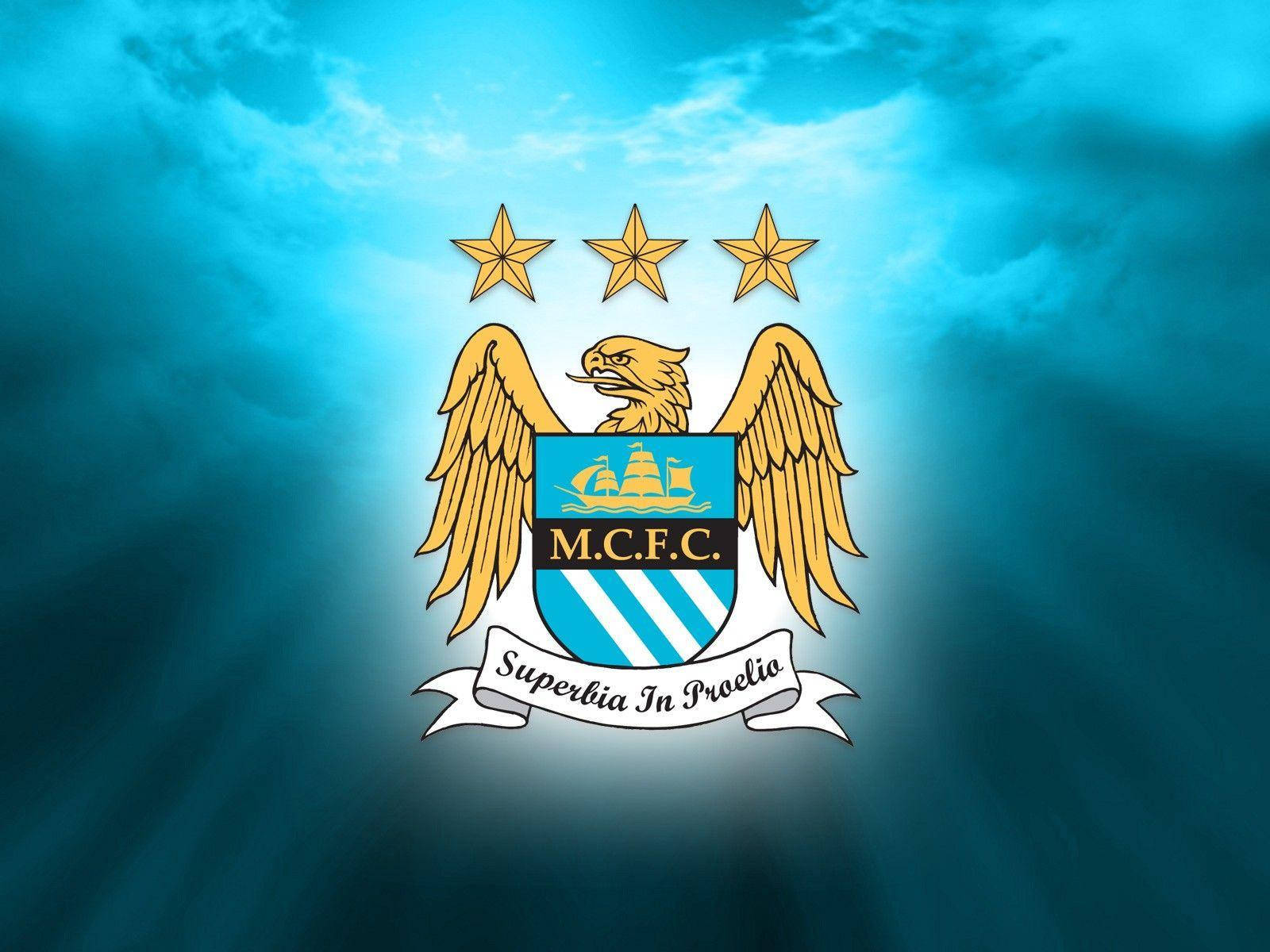 Manchester City Fc Logo Over Blue Cloudy Sky Wallpaper
