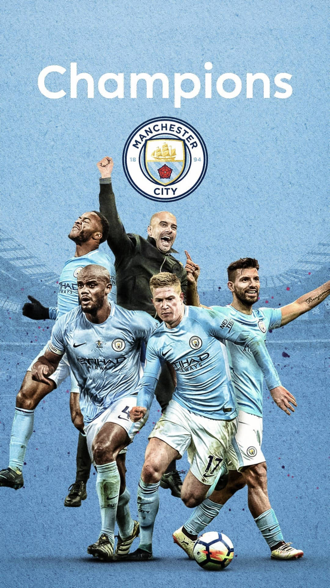Celebrating their 2018 Premier League win, Manchester City football club revel in the successes of the new season. Wallpaper