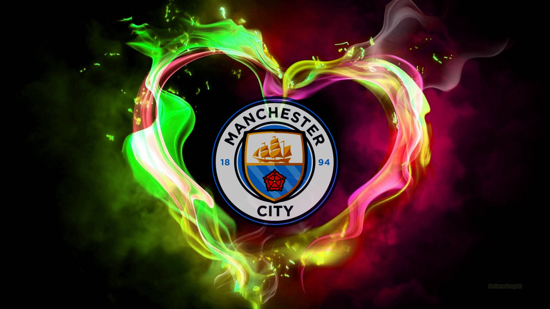 Light up the City of Manchester with the Manchester City Neon Heart Logo Wallpaper