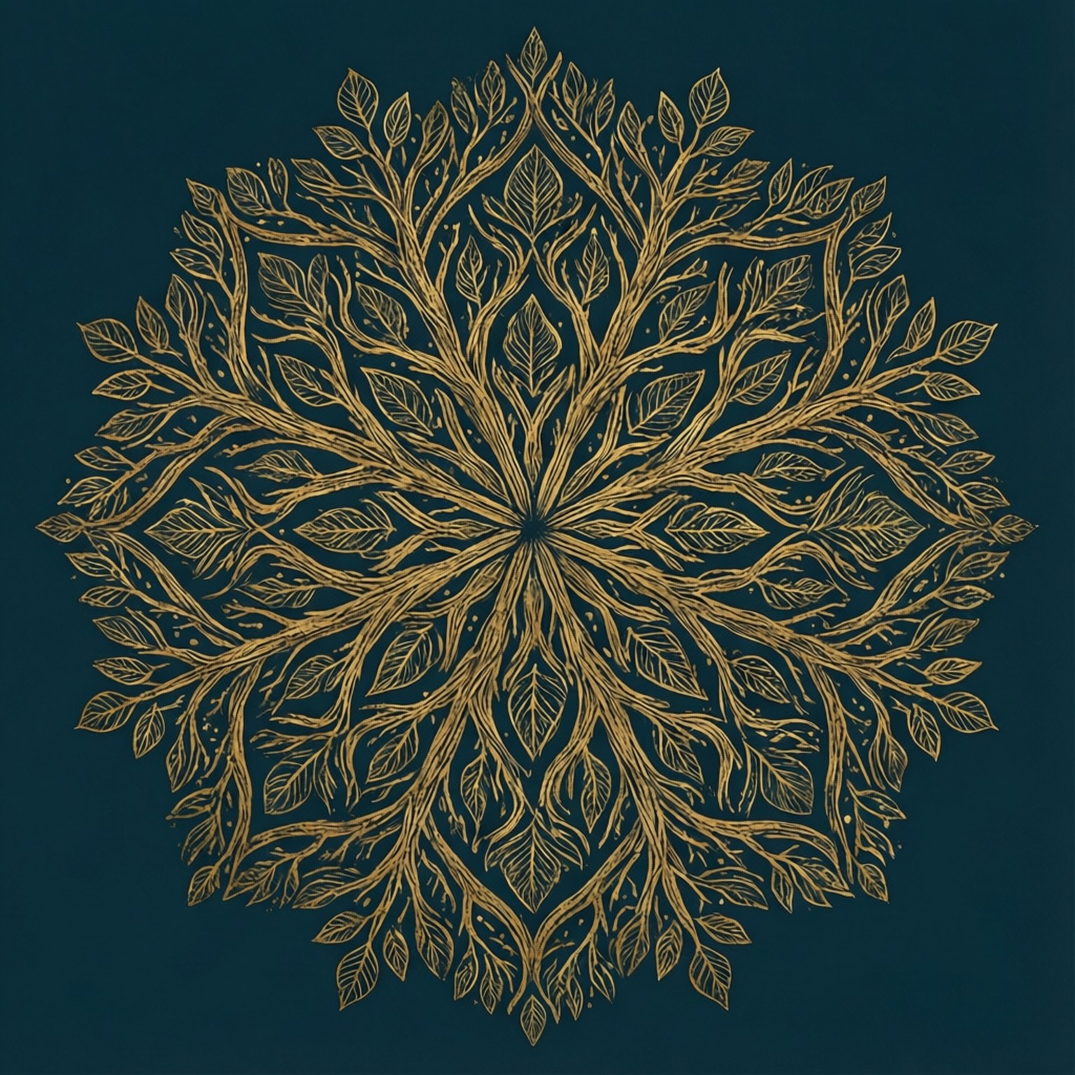 Decorative mandala wallpaper with symmetrical branch patterns in gold.