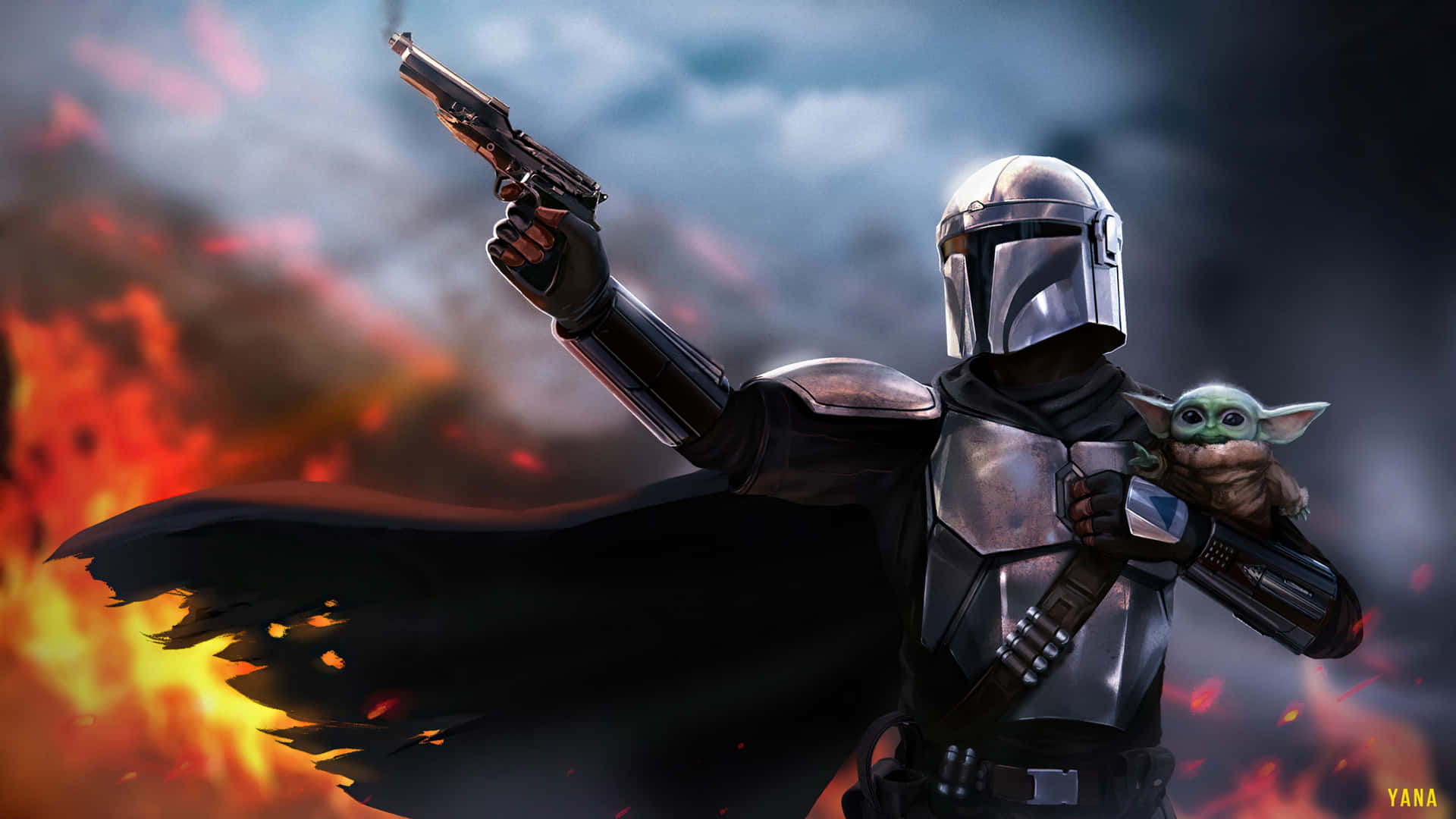 The Star Wars Mandalorian With A Gun And A Yoda Wallpaper