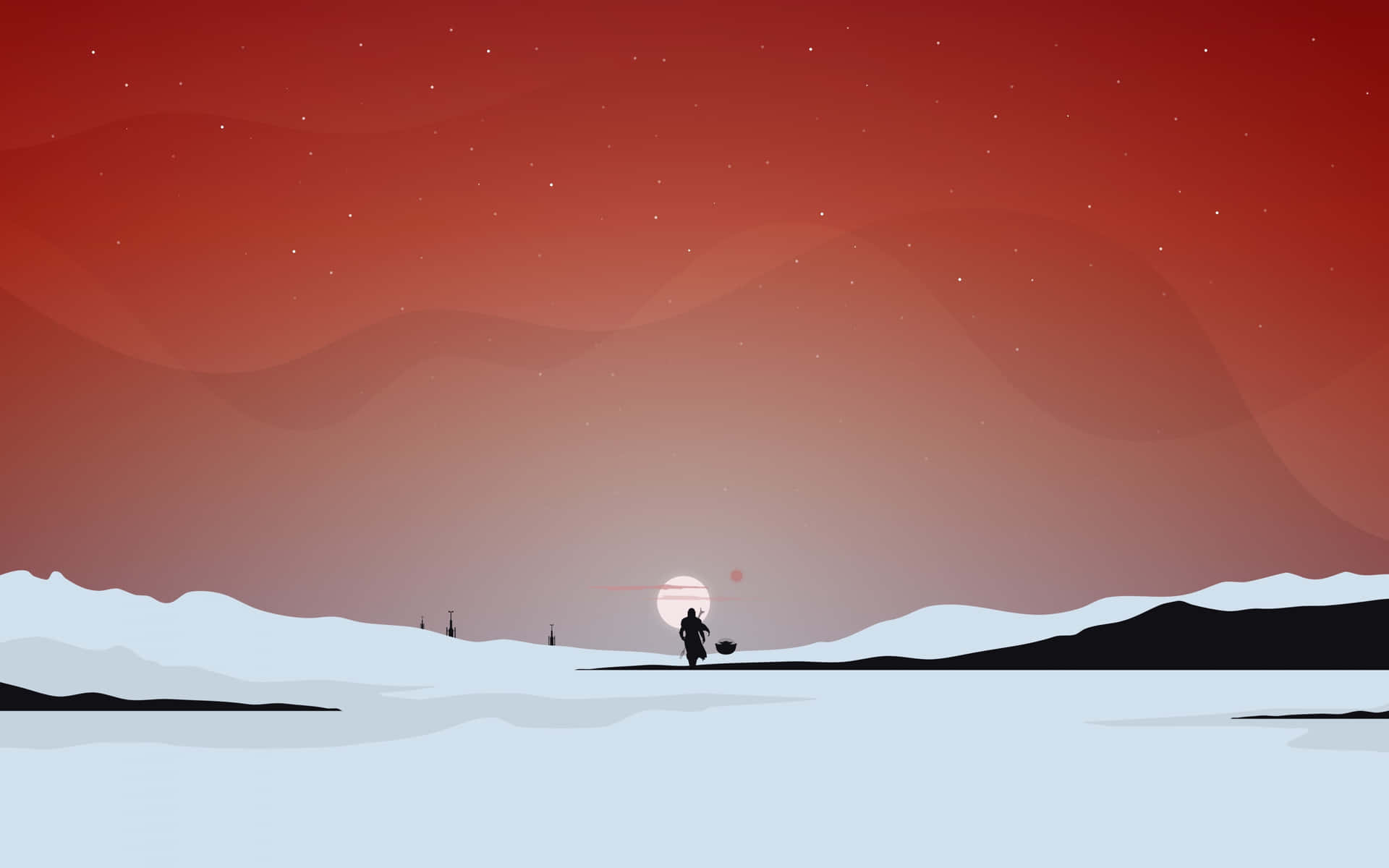 Einmann Läuft Durch Eine Schneebedeckte Landschaft Mit Einem Roten Himmel. Wallpaper