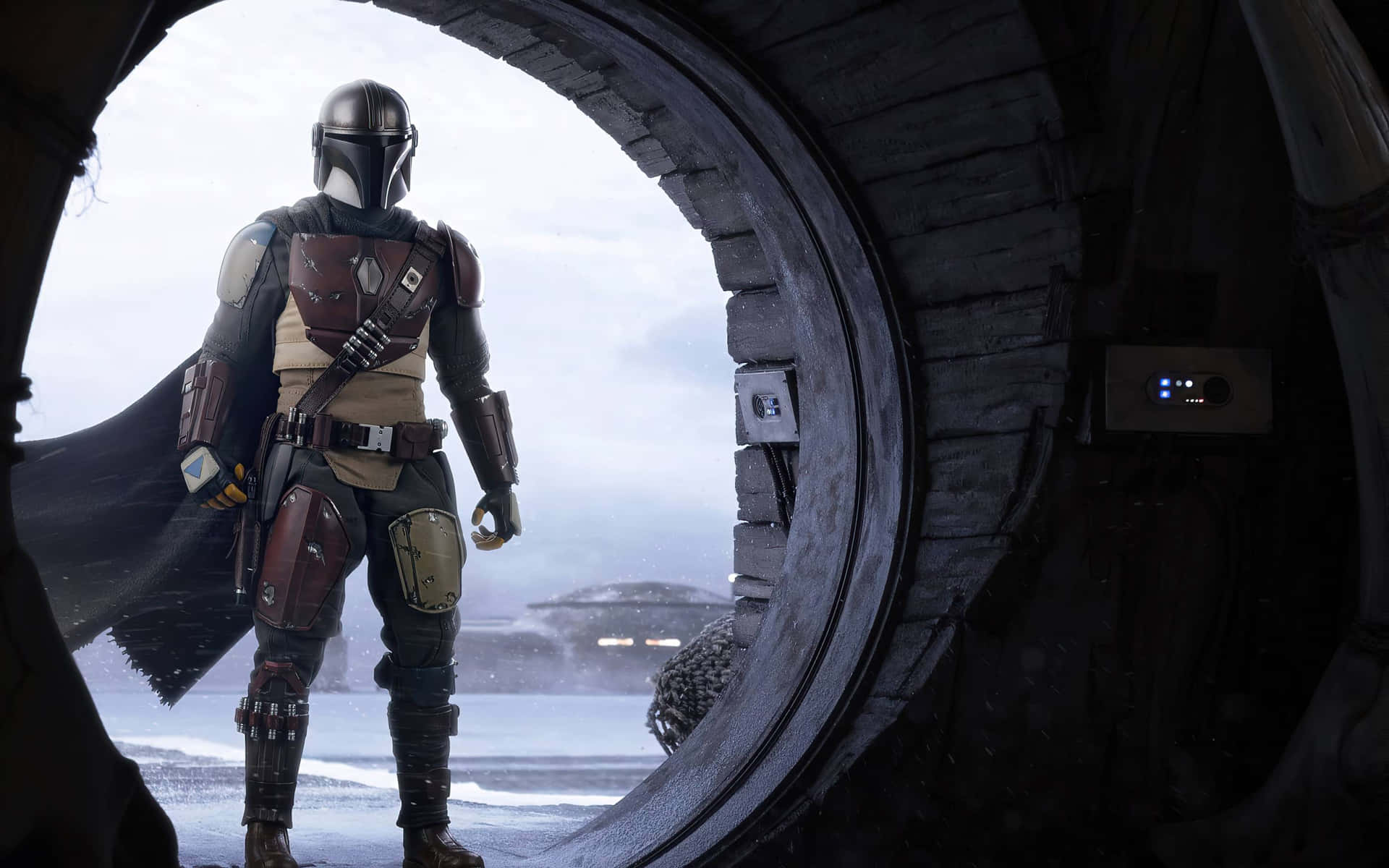 Mandalorian Standingin Spaceship Doorway Wallpaper