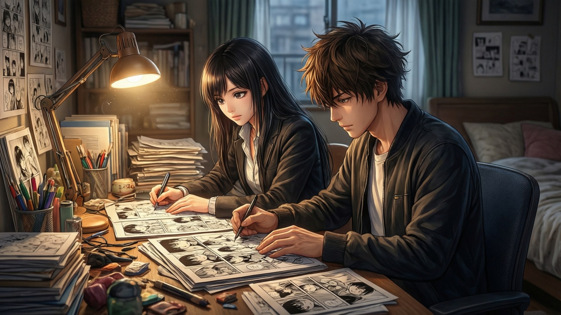 Manga Creators at Work Wallpaper — Two anime-style artists intensely sketch comic panels under a warm desk lamp in a cluttered creative studio.