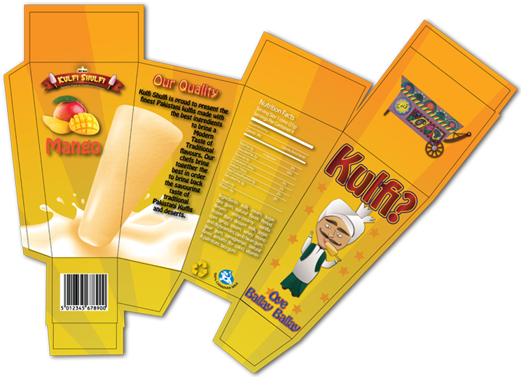 Mango Kulfi Packaging Design PNG — A vibrant yellow unfolded mango kulfi ice cream box with cartoon chef and text details against black background.