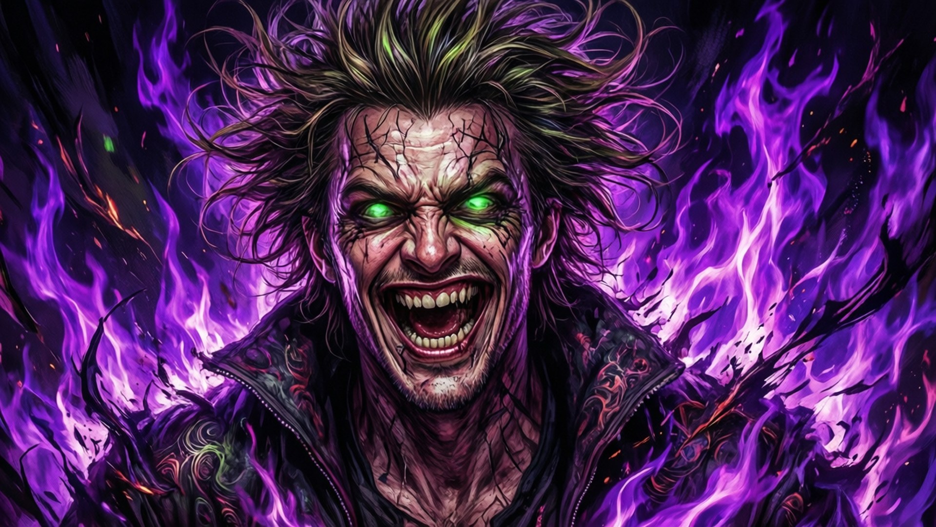 Raizen laughing maniacally with demonic flames and chaotic energy