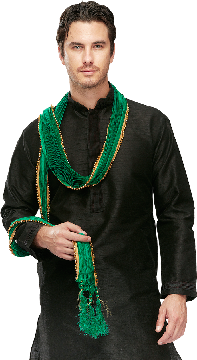 Manin Black Kurtawith Green Dupatta PNG