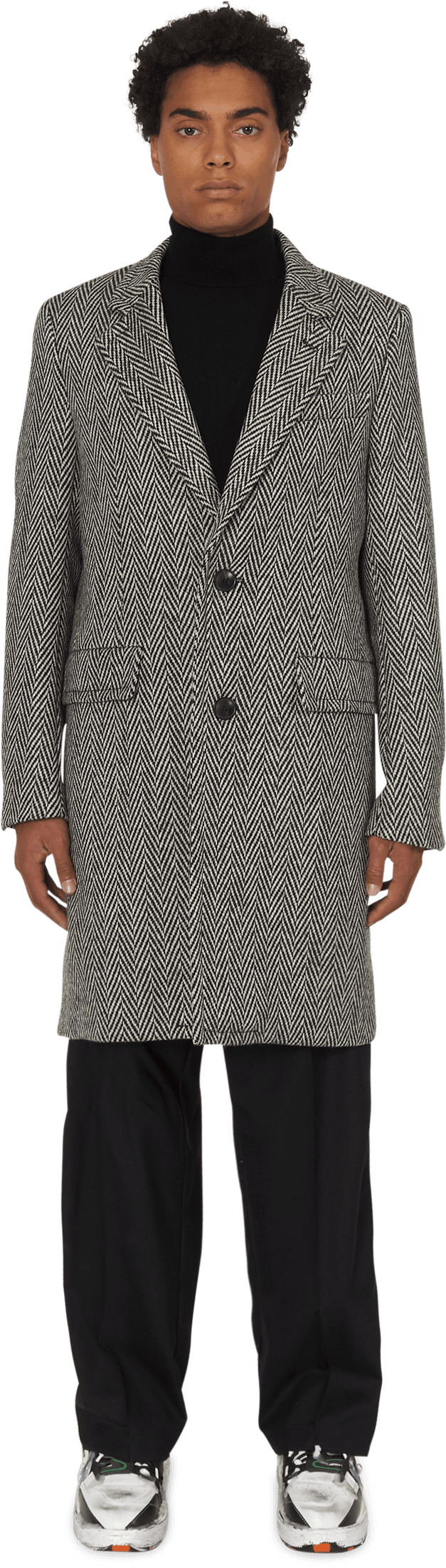 Manin Herringbone Coatand Black Turtleneck PNG