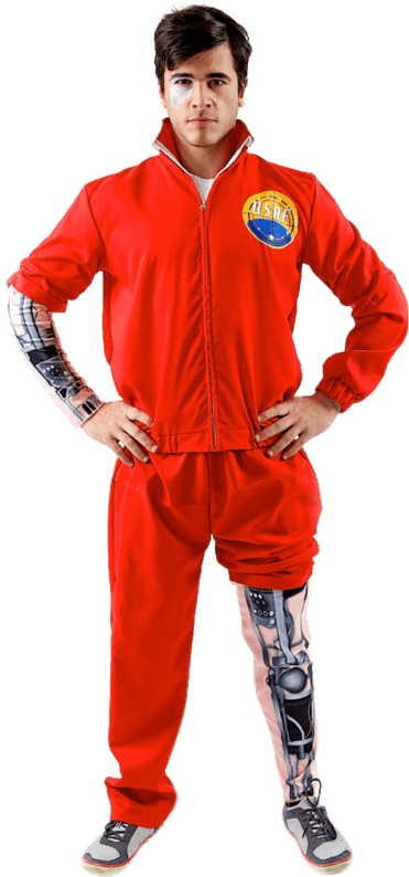 Manin Red Tracksuitwith Bionic Leg Tattoo PNG