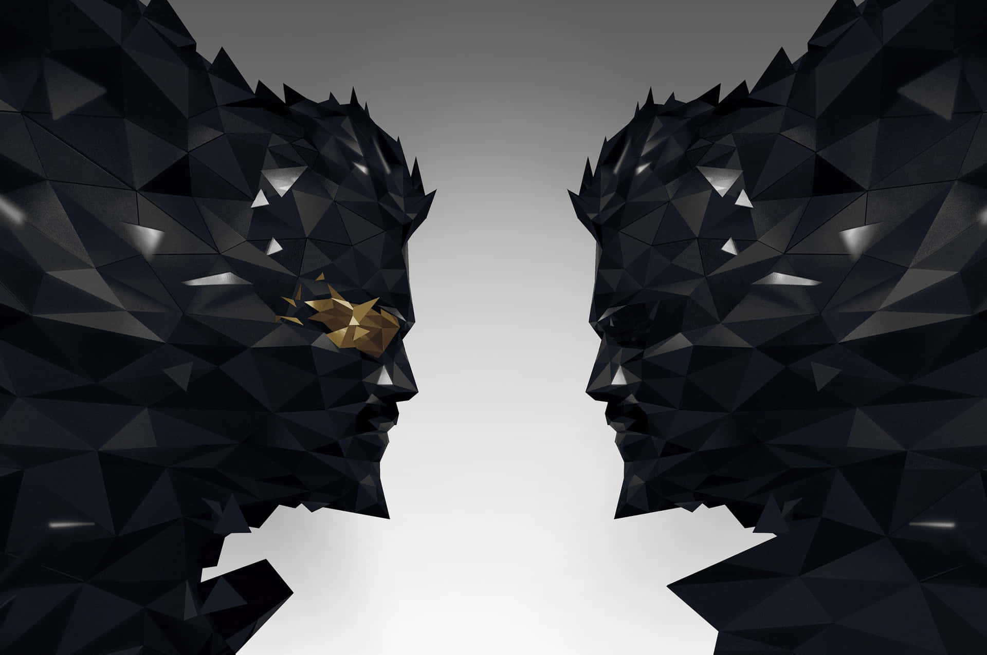 A Black And White Image Of Two Faces With Gold Heads Wallpaper