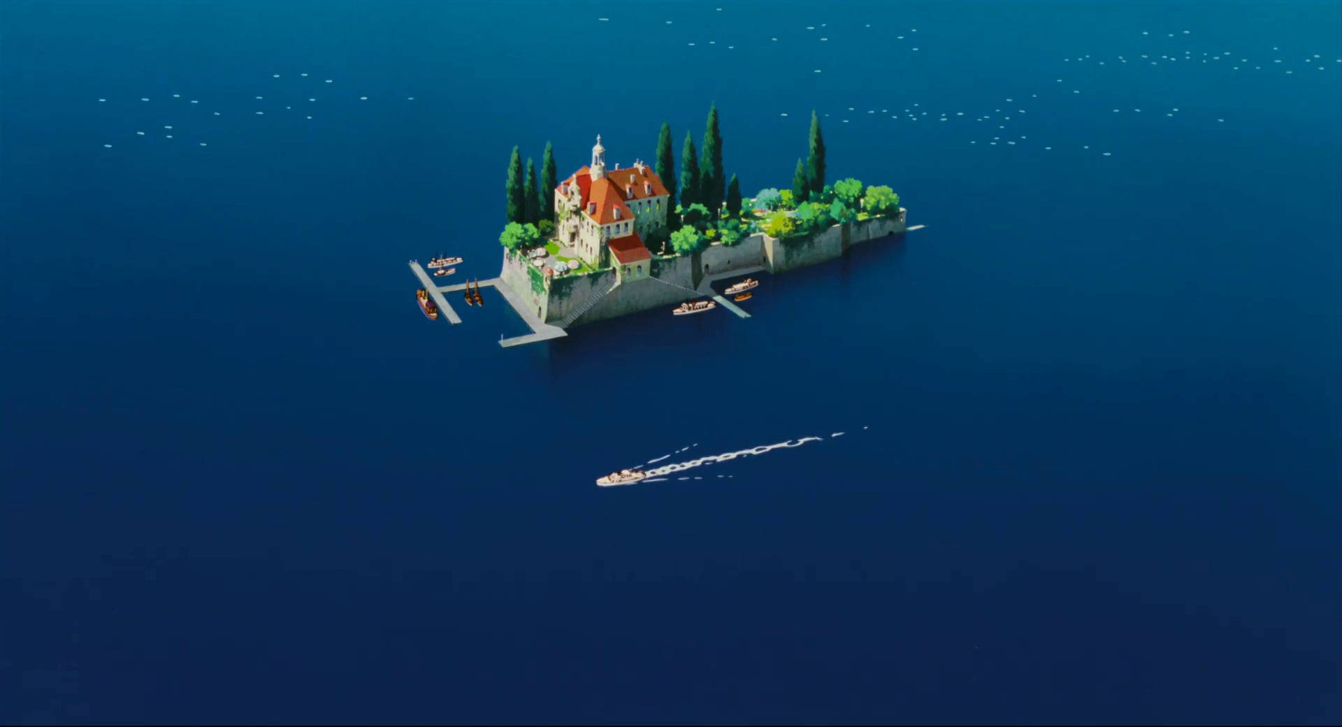 Herrgårdpå En Ö Studio Ghibli Landskap Wallpaper