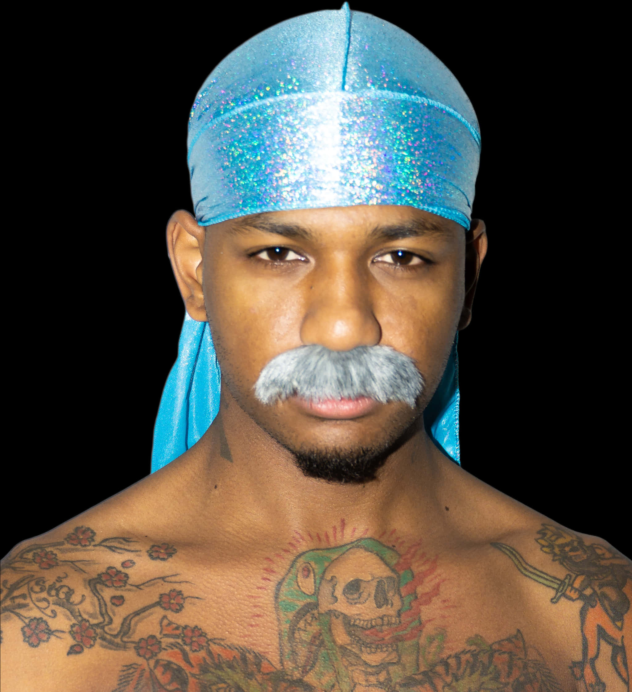 Manwith Blue Sparkly Duragand Tattoos PNG
