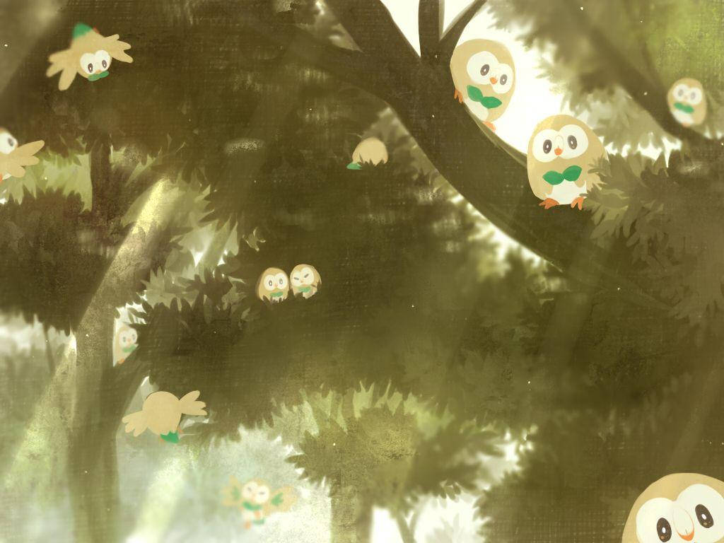 Many Rowlet Sepia Forest Wallpaper