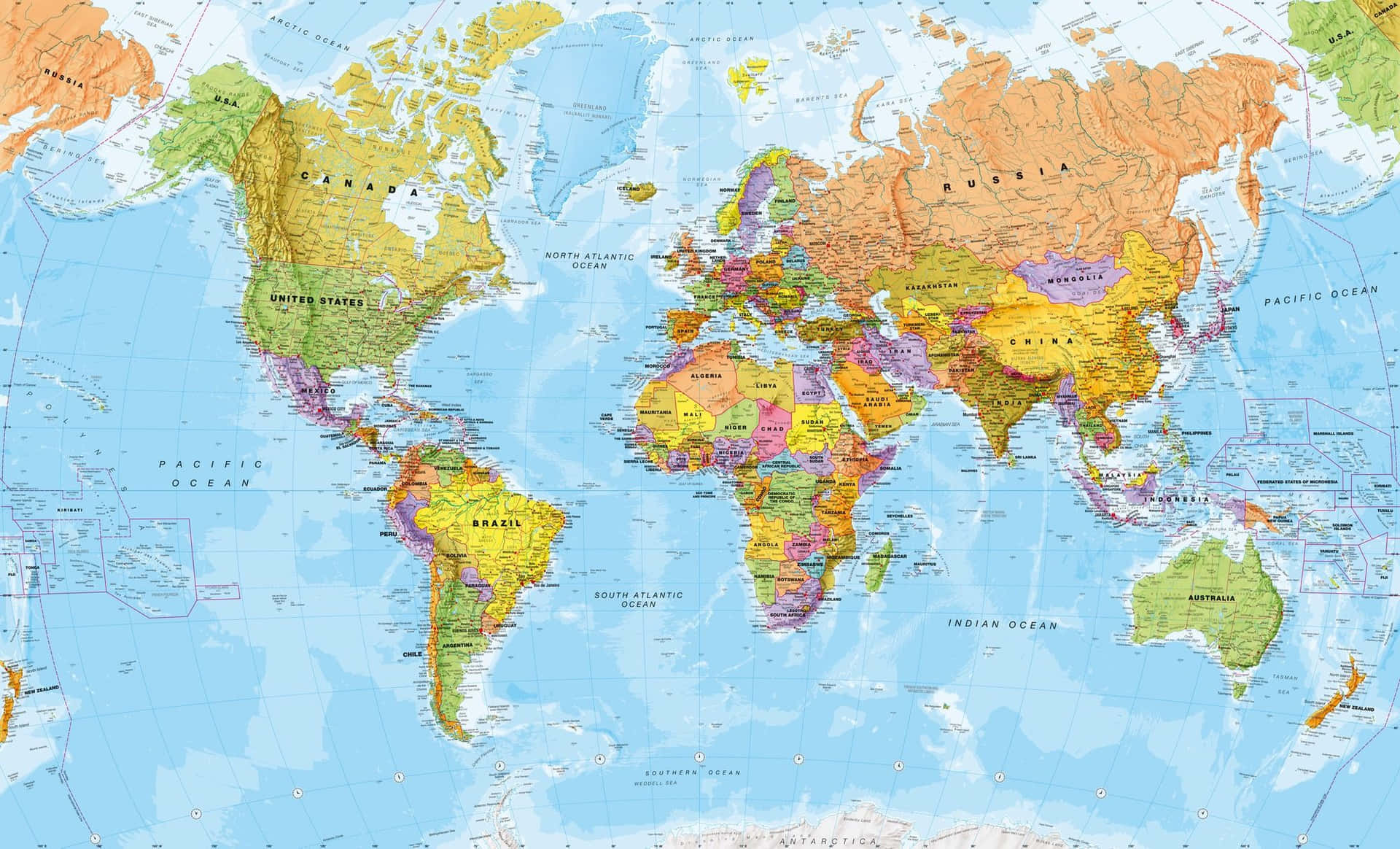A world map showing countries, oceans, and continents