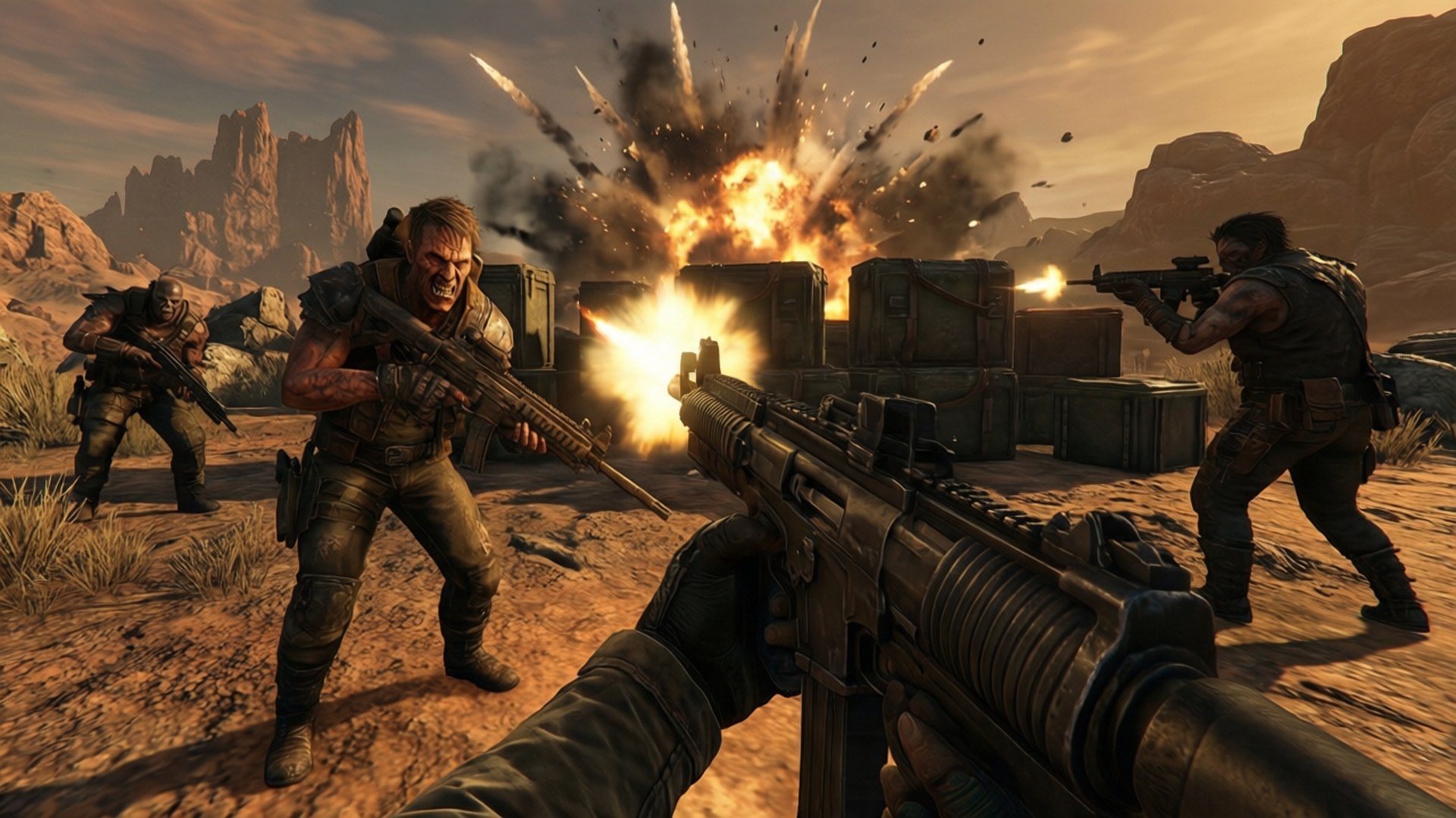 Marauder Firefight Wallpaper — First-person shooter in a desert battlefield with soldiers firing weapons as explosions erupt near stacked crates.