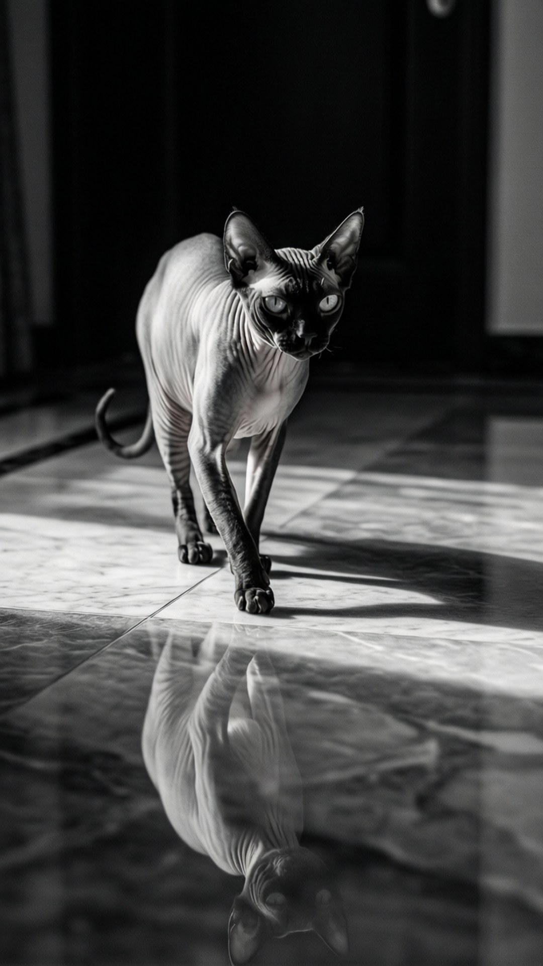 Sphynx-kissa kävelemässä marmorilattialla heijastuksen kanssa, mustavalkoinen korkea kontrasti.