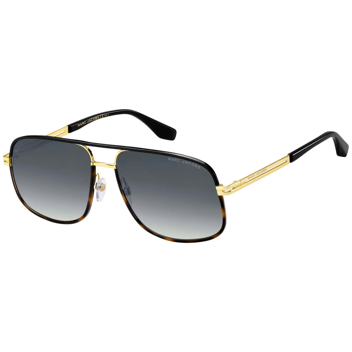 The Sunglasses Are Gold And Black With A Grey Gradient