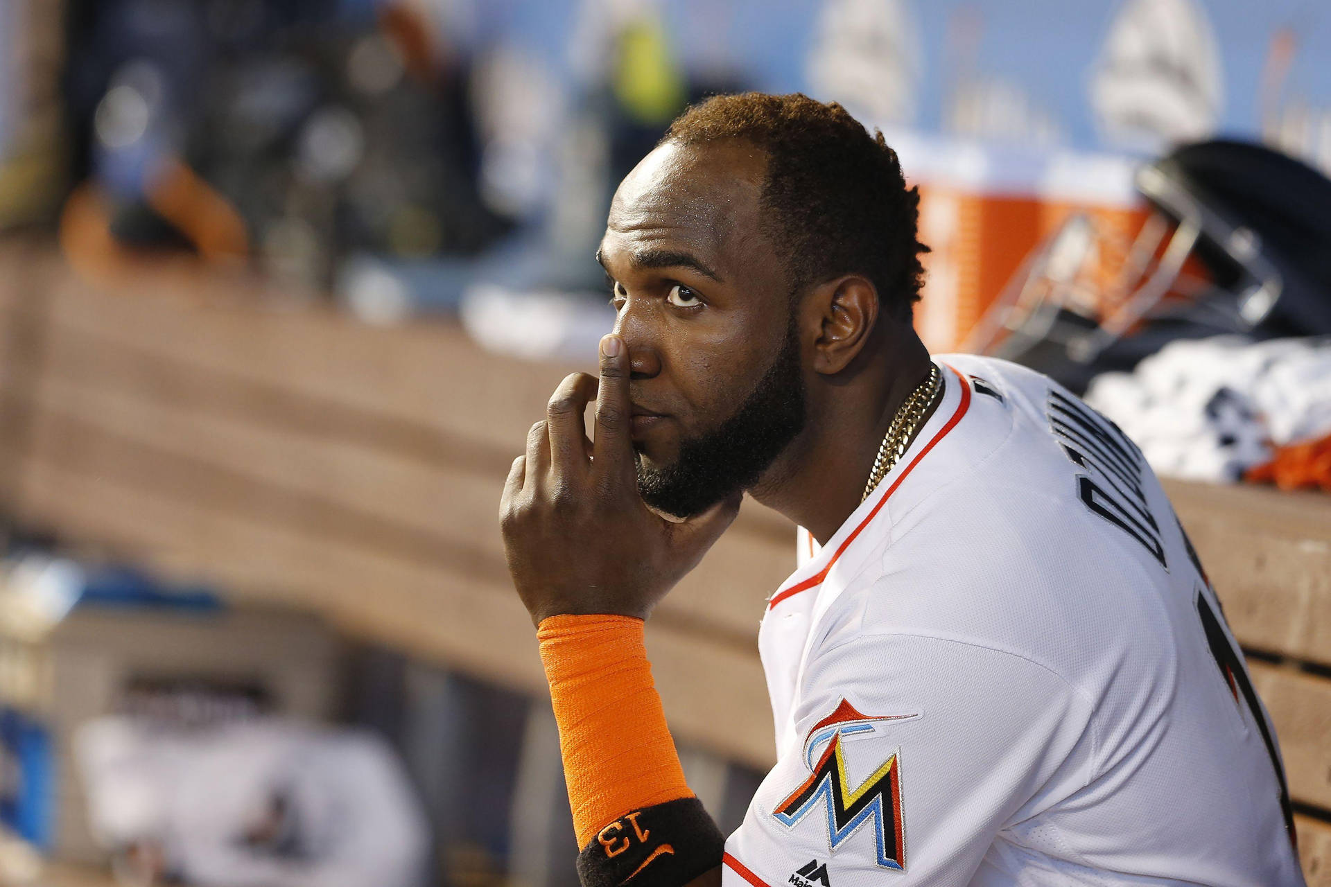 Marcell Ozuna With Thumb On Chin Wallpaper