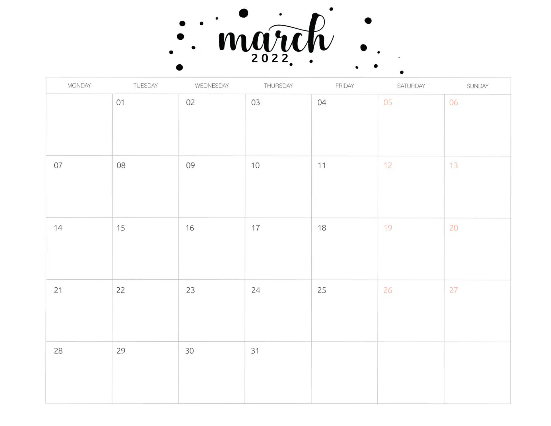 March 2022 Minimalist Calendar