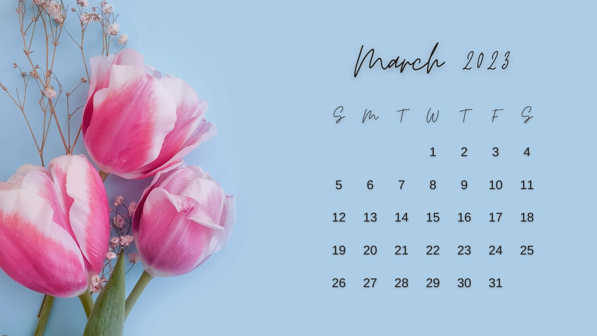 A Calendar With Pink Tulips And Flowers On A Blue Background Wallpaper