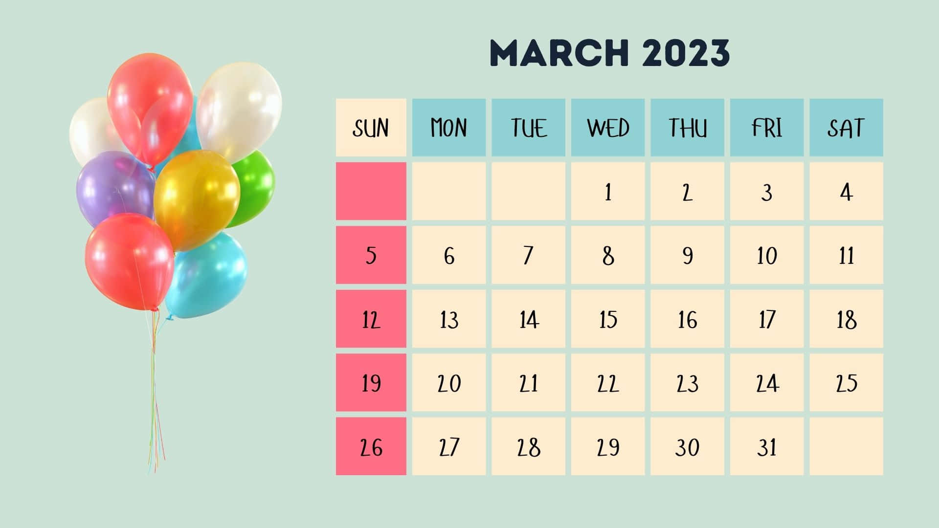 A Calendar With Balloons And A Date For March 2023 Wallpaper