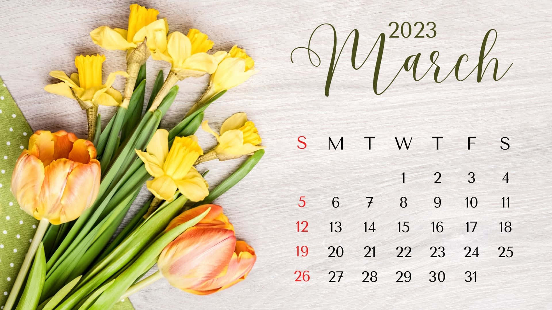 A Calendar With Daffodils And A Yellow Flower Wallpaper