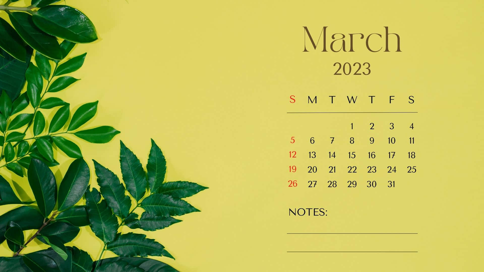 A Calendar With Green Leaves On A Yellow Background Wallpaper