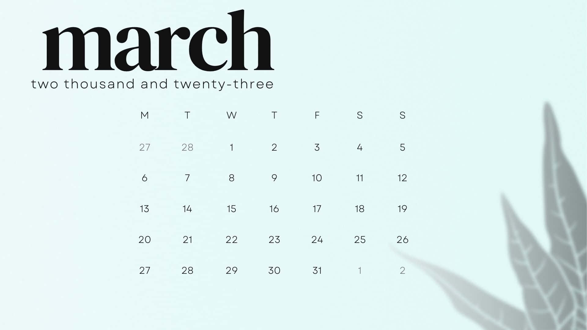 March 2023 calendar on white background Wallpaper
