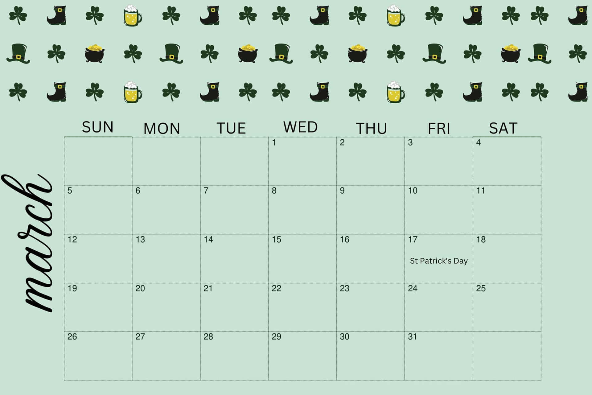 A Green Calendar With Shamrocks And Hats