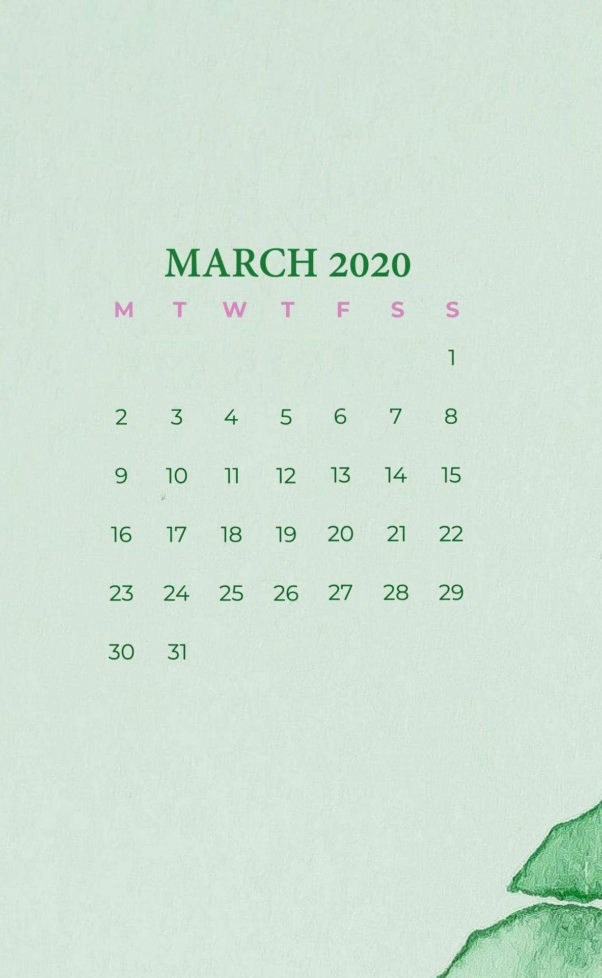 March Calendar In Green Shade