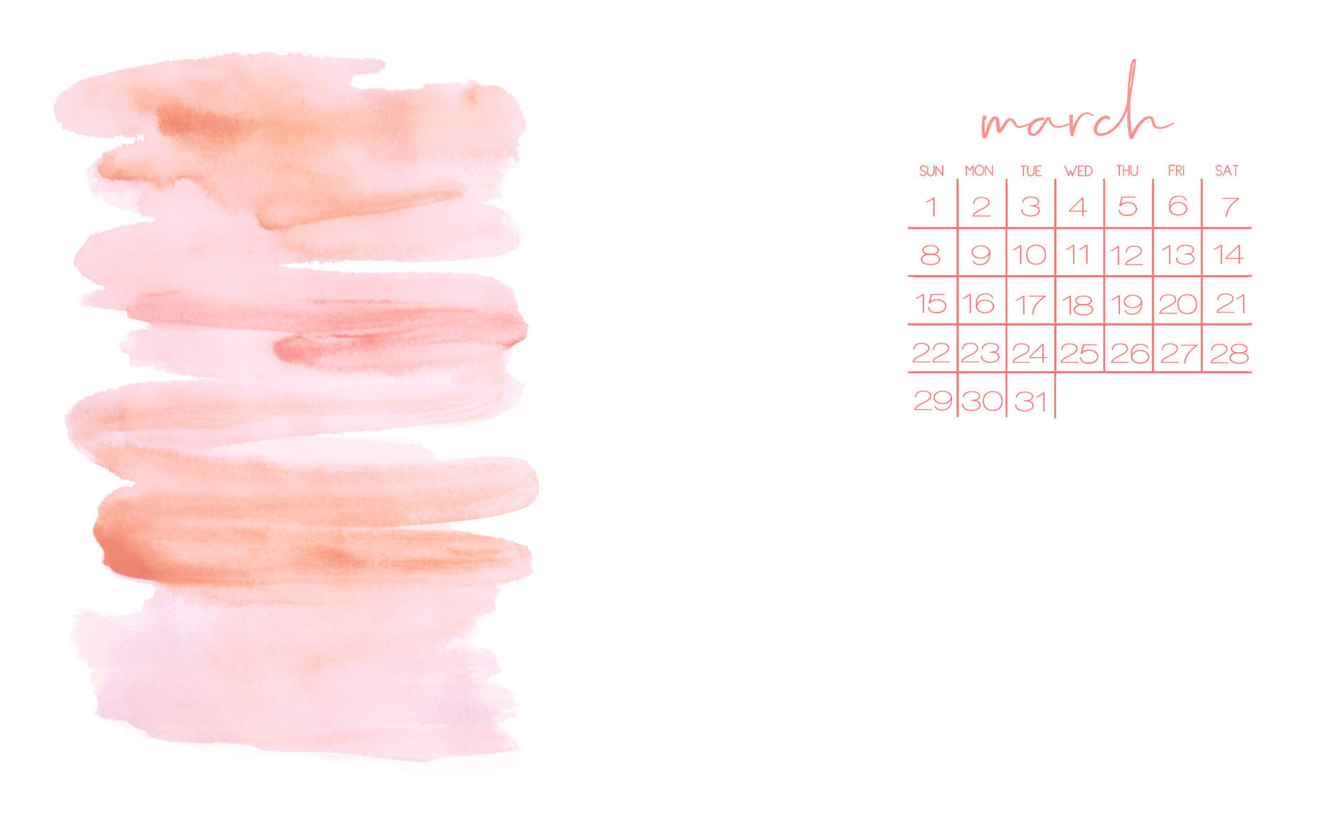 March Calendar In Peach Wallpaper
