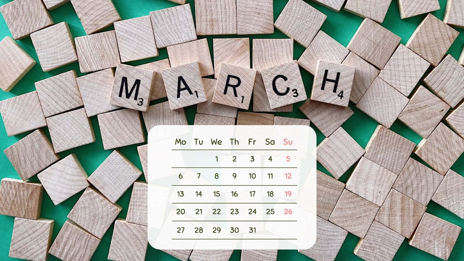 March Calendarand Scrabble Tiles Green Background Wallpaper