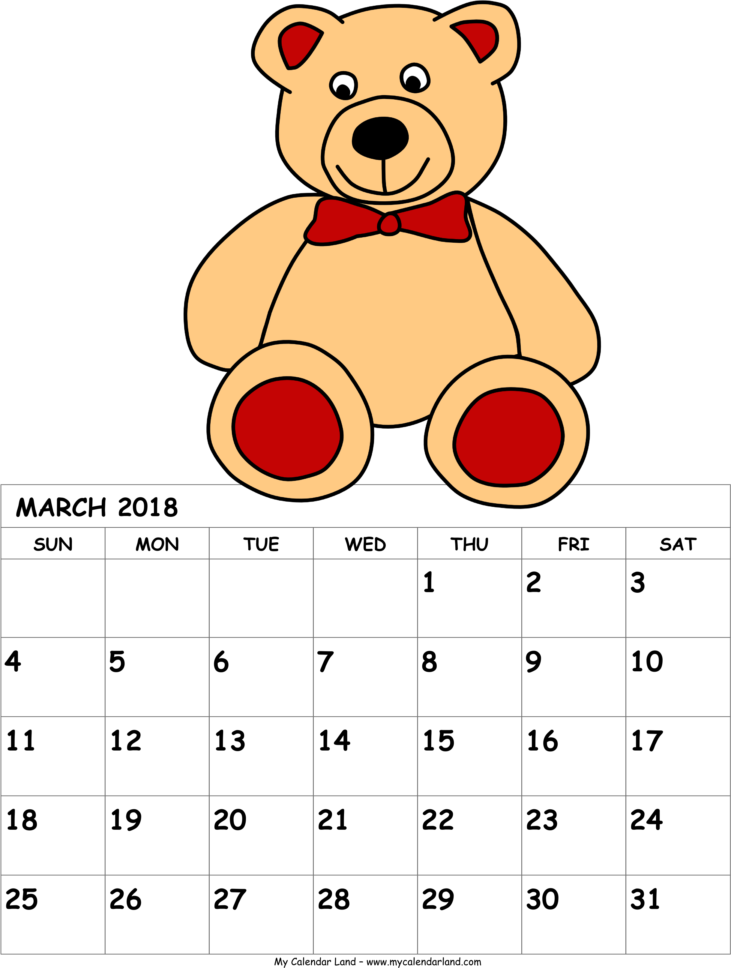 March2018 Teddy Bear Calendar Clipart PNG