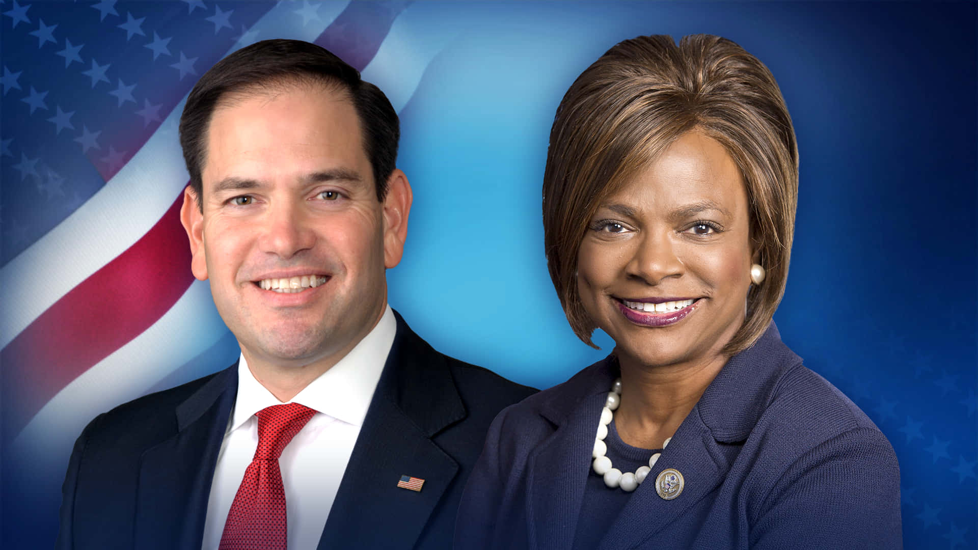 Caption: U.S. Politicians Marco Rubio and Val Demings in conversation Wallpaper