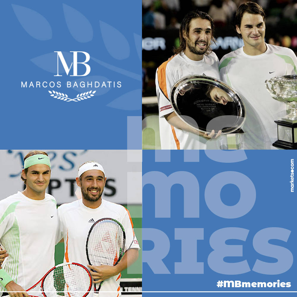 Pósterde Marcos Baghdatis Y Roger Federer. Fondo de pantalla