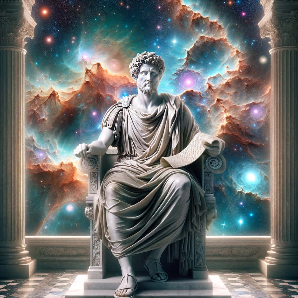 Marcus Aurelius Cosmic Backdrop Statue Wallpaper