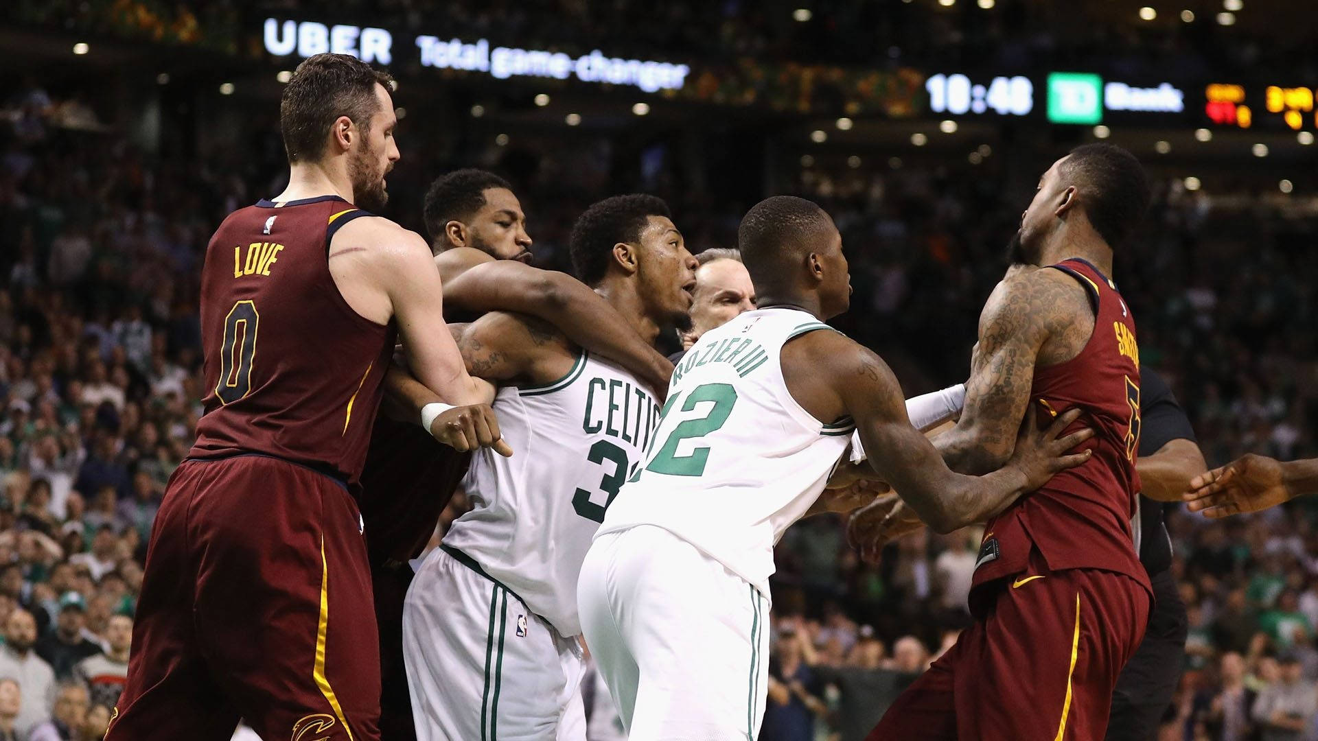 Marcus Smart And JR Smith Squabbling Wallpaper