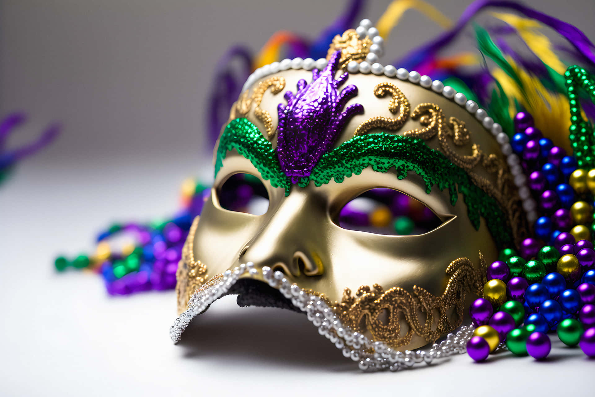 Mardi Gras Mask With Beads And Feathers